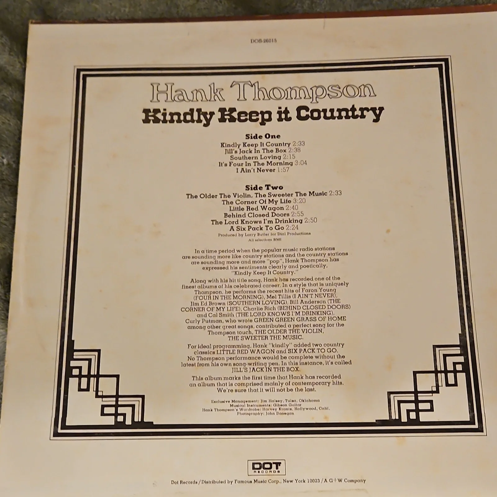 Hank Thompson Kindly Keep It Country Signed Vinyl LP DOT DLP-20113 Autographed, image 3