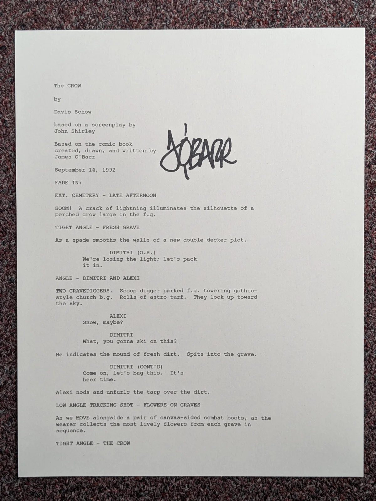 James O'Barr — James O'Barr Signed Script PAGE Creator of The Crow Autograph Horoor COA