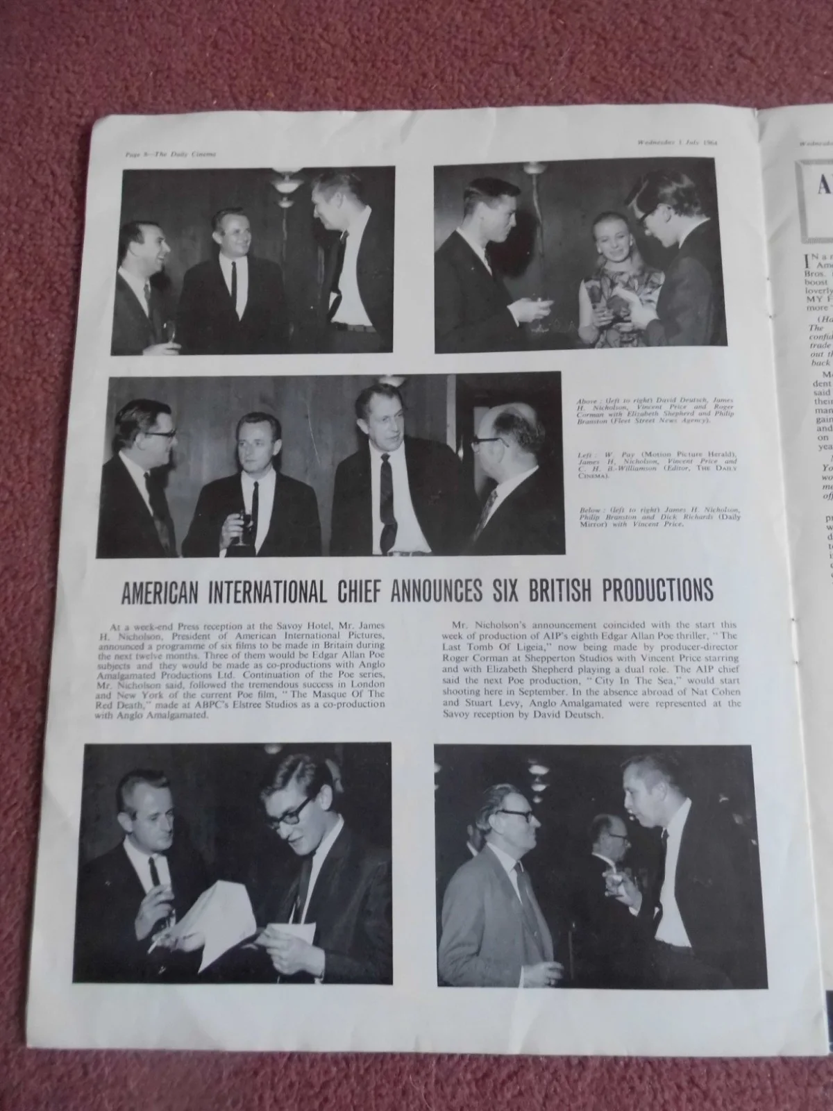 VINCENT PRICE, ROGER CORMAN in 1964 UK trade mag DAILY CINEMA, изображение 2