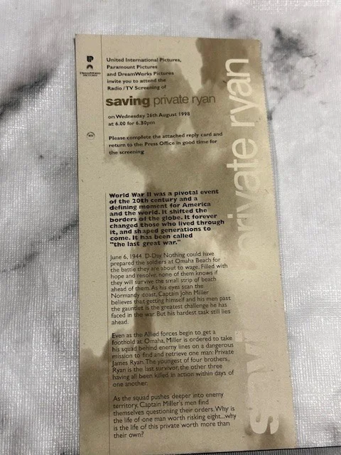 EXCLUSIVE Saving Private Ryan/Tom Hanks 1998 Press Screening Invitation, image 2