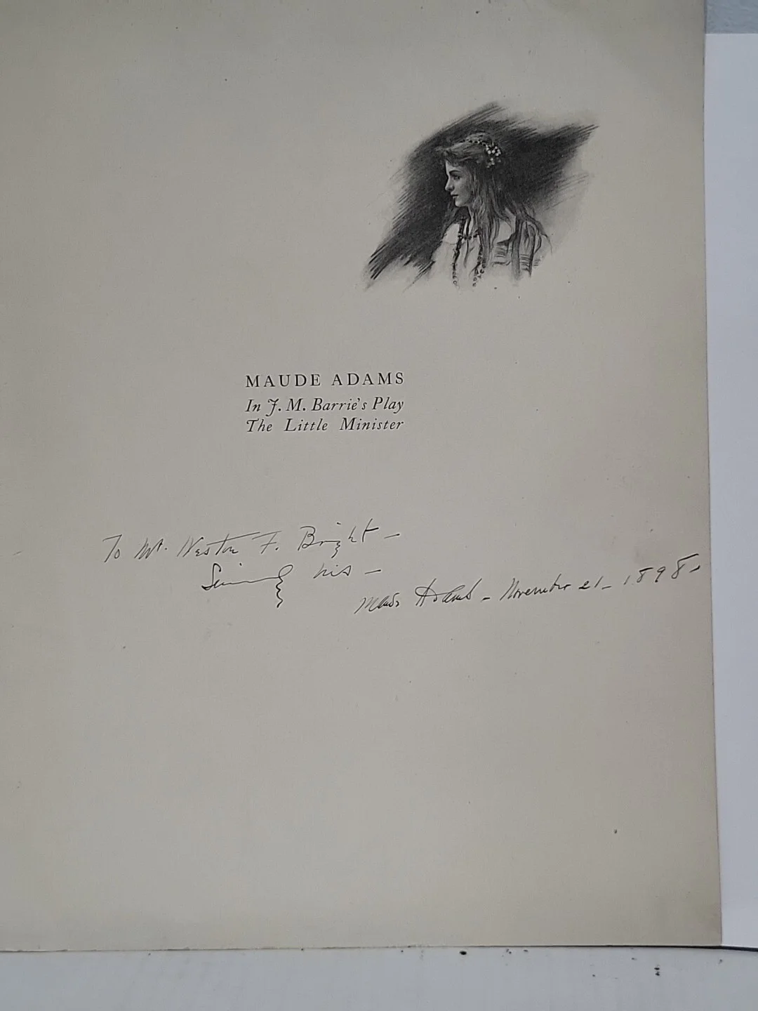 Maude Adams — Maude Adams Autographed Program 1898 The Little Minister Dated J.M. Barrie Play, изображение 2