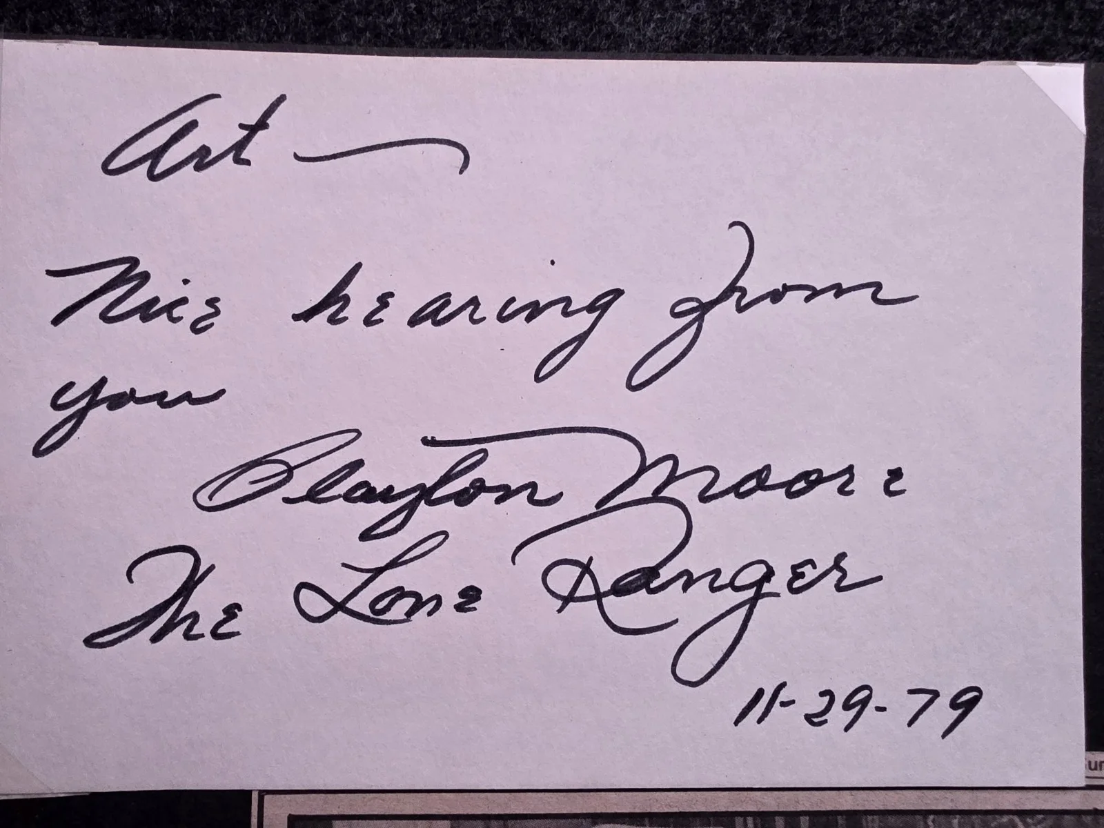 Clayton Moore — Rare Lone Ranger (Clayton Moore) Signed Index Card – Television Memorabilia Sign, изображение 2
