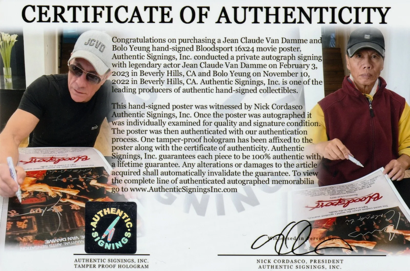 Jean Claude Van Damme, Bolo Yeung — Jean Claude Van Damme & Bolo Yeung Autographed BLOODSPORT 16X24 Poster ASI Proof, изображение 2