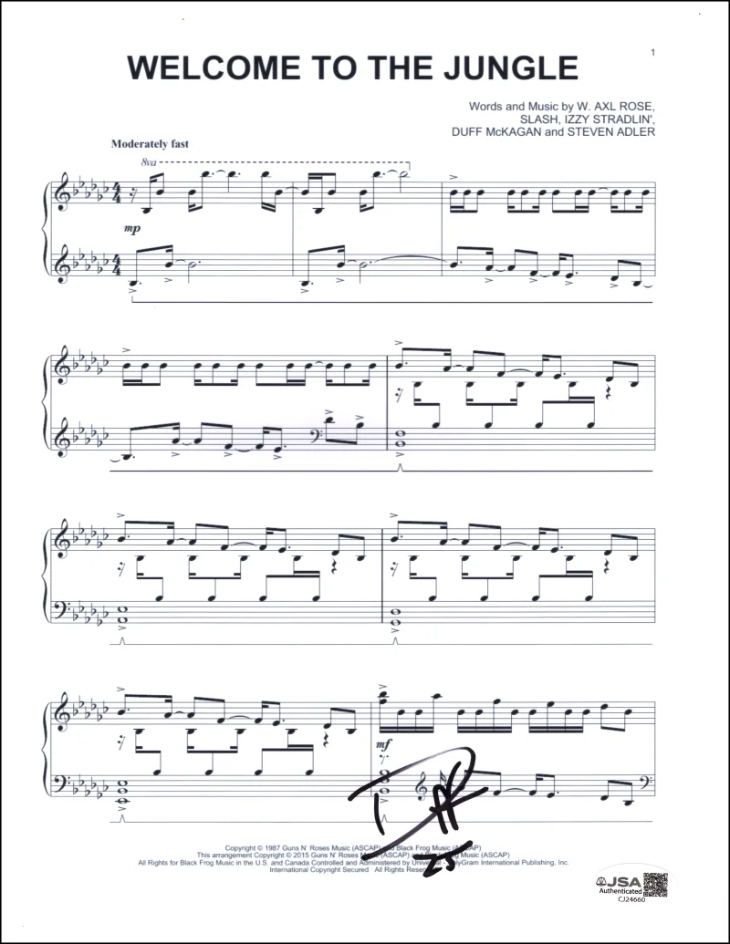 Duff McKagan — Duff McKagan Signed Autograph Guns N Roses Welcome to the Jungle Sheet Music JSA