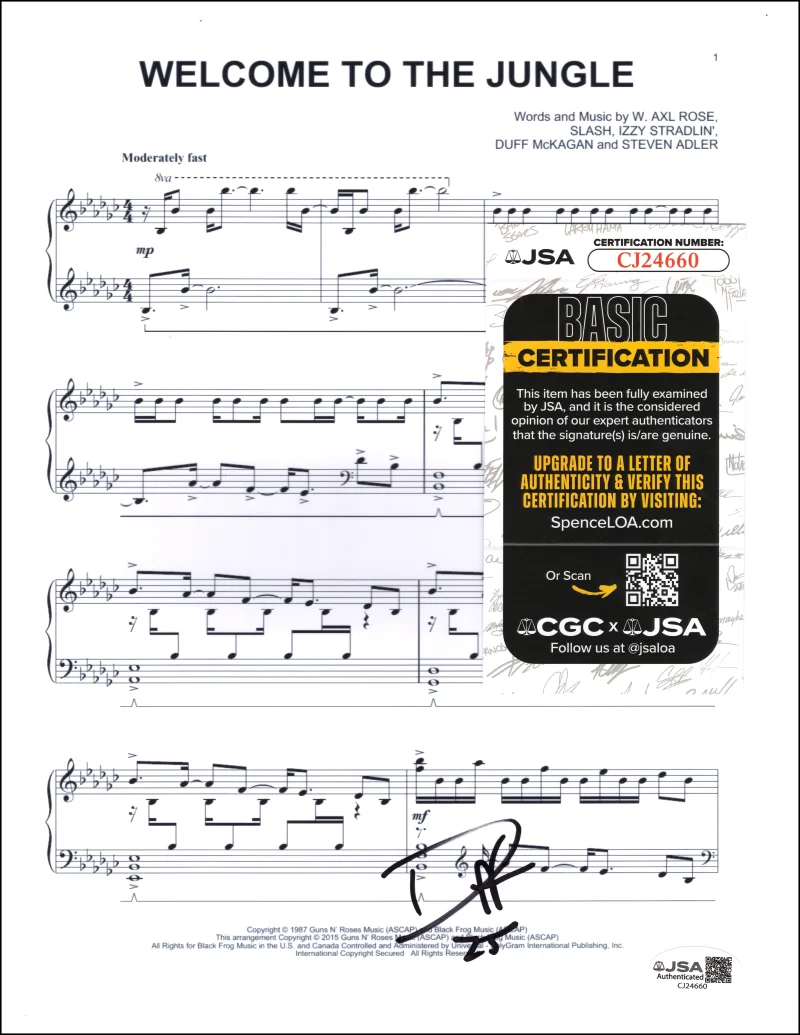 Duff McKagan — Duff McKagan Signed Autograph Guns N Roses Welcome to the Jungle Sheet Music JSA, image 2