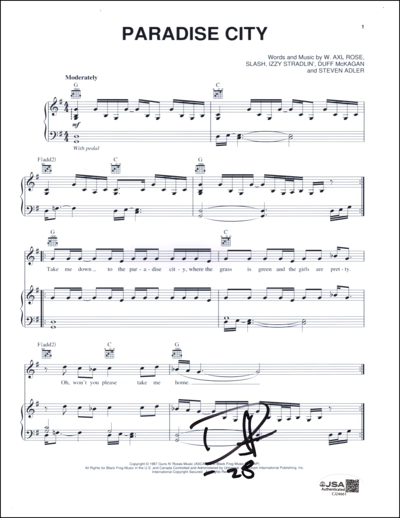 Duff McKagan — Duff McKagan Signed Autograph Guns N Roses Paradise City Sheet Music w/ JSA COA