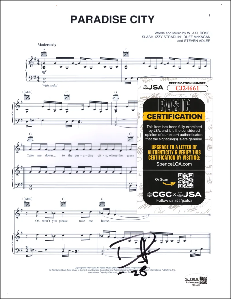 Duff McKagan — Duff McKagan Signed Autograph Guns N Roses Paradise City Sheet Music w/ JSA COA, image 2