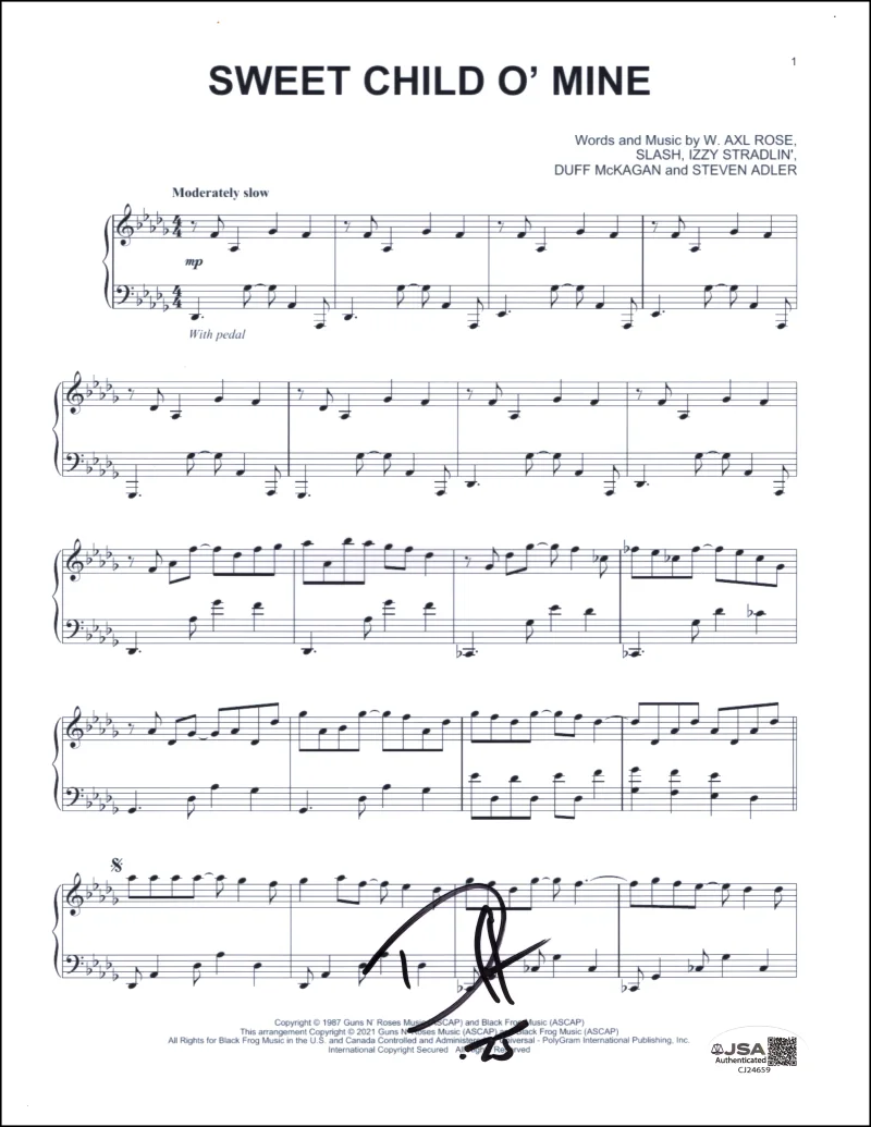 Duff McKagan — Duff McKagan Signed Autograph Guns N Roses Sweet Child O Mine Sheet Music w/ JSA
