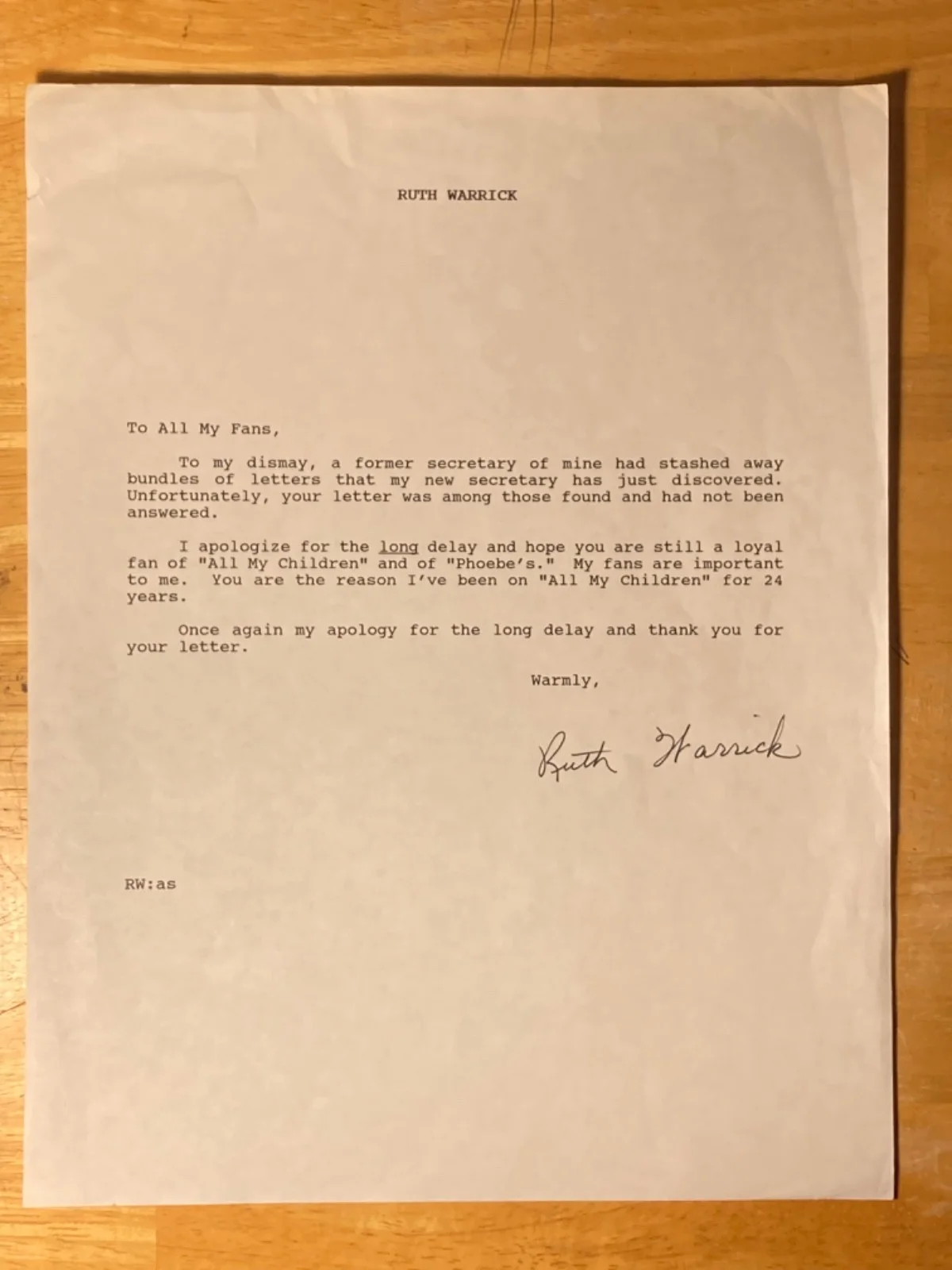 Hand SIGNED Ruth Warrick Letter To Fan - All My Children, Citizen Kane, Journey, изображение 2