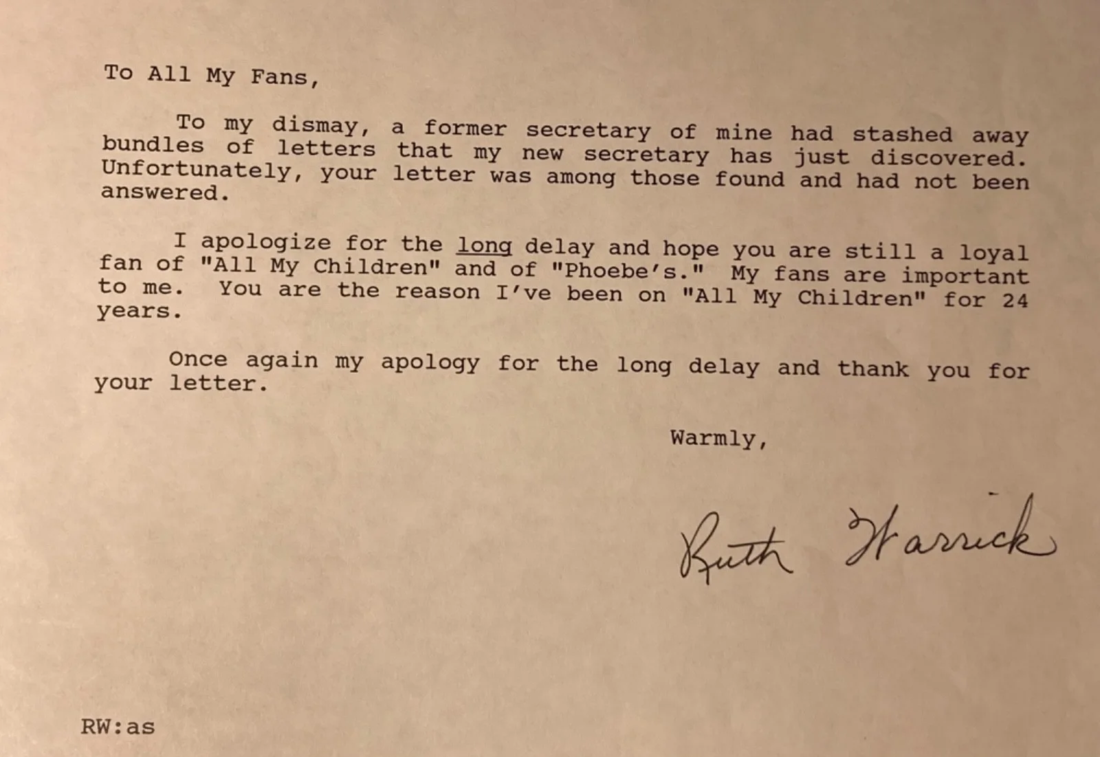 Hand SIGNED Ruth Warrick Letter To Fan - All My Children, Citizen Kane, Journey, изображение 3