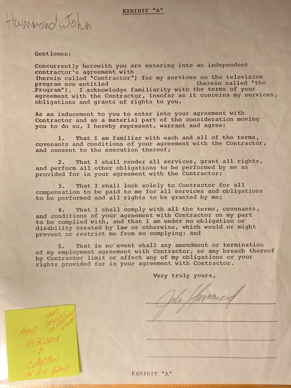 Hand SIGNED John Hammond TV Performance Contract - Rock N' Roll Hall Of Fame!!, image 2