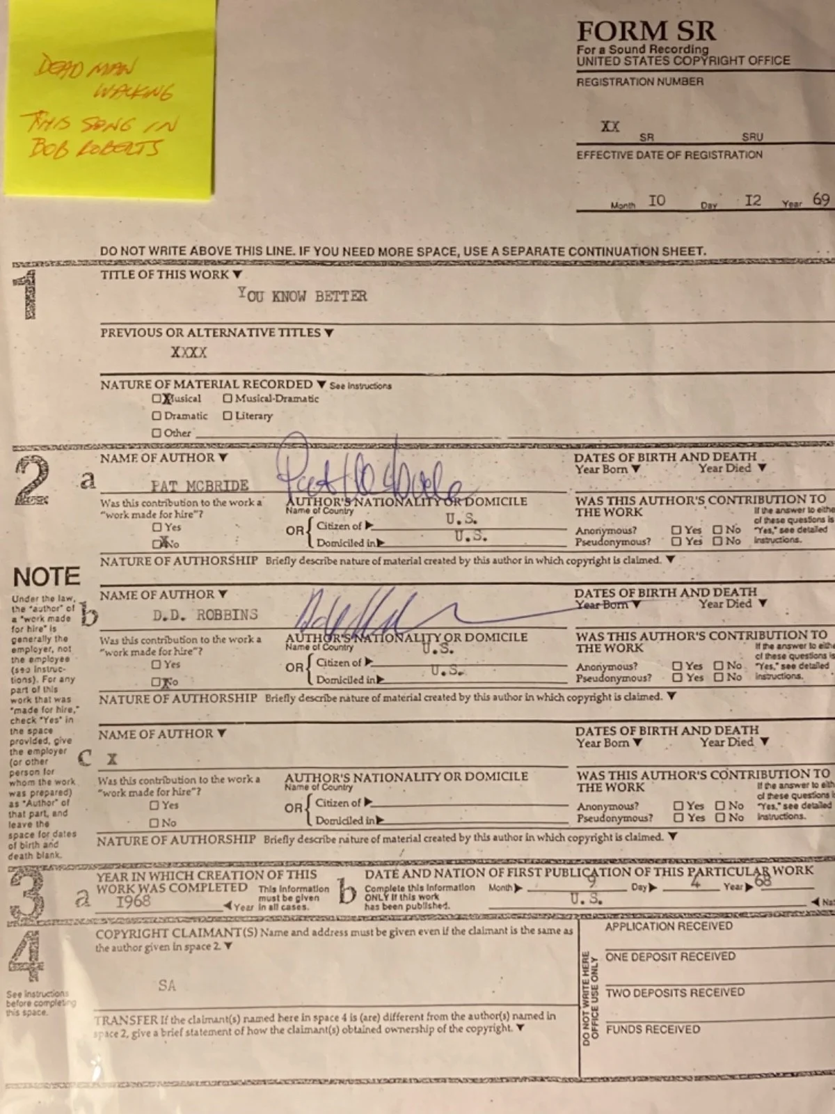 Hand SIGNED D.D. Robbins & Pat McBride Recording Contract for "You Know Better", image 2