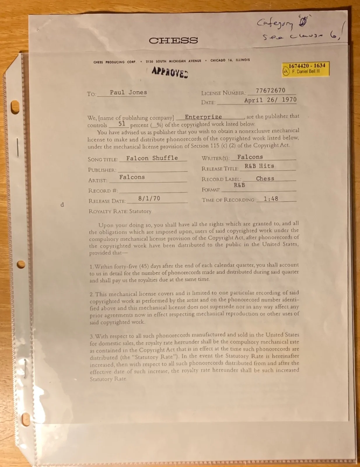 5x Hand SIGNED The Falcons 70' Contract for Unreleased R&B Song "Falcon Shuffle", image 2