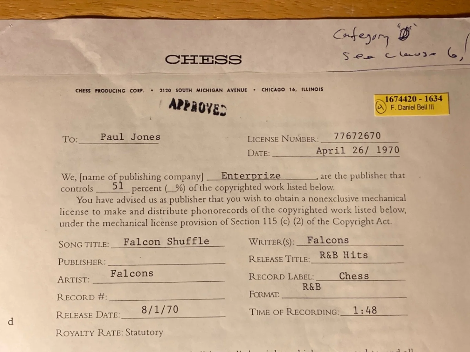 5x Hand SIGNED The Falcons 70' Contract for Unreleased R&B Song "Falcon Shuffle", image 3