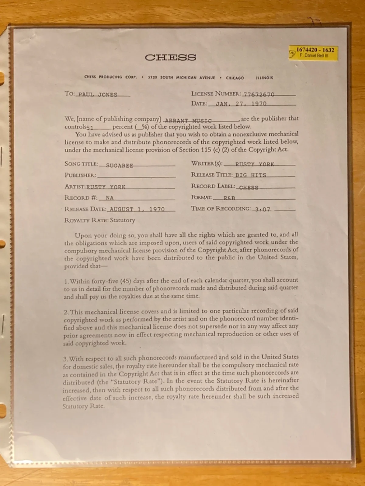 Hand SIGNED Rusty York 1970 Song Contract "Sugaree" - Rockabilly Hall Of Fame!!, изображение 2