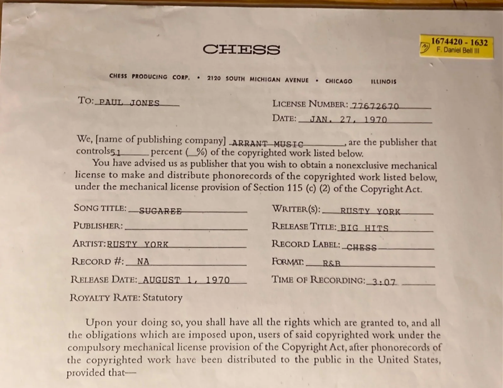 Hand SIGNED Rusty York 1970 Song Contract "Sugaree" - Rockabilly Hall Of Fame!!, изображение 3
