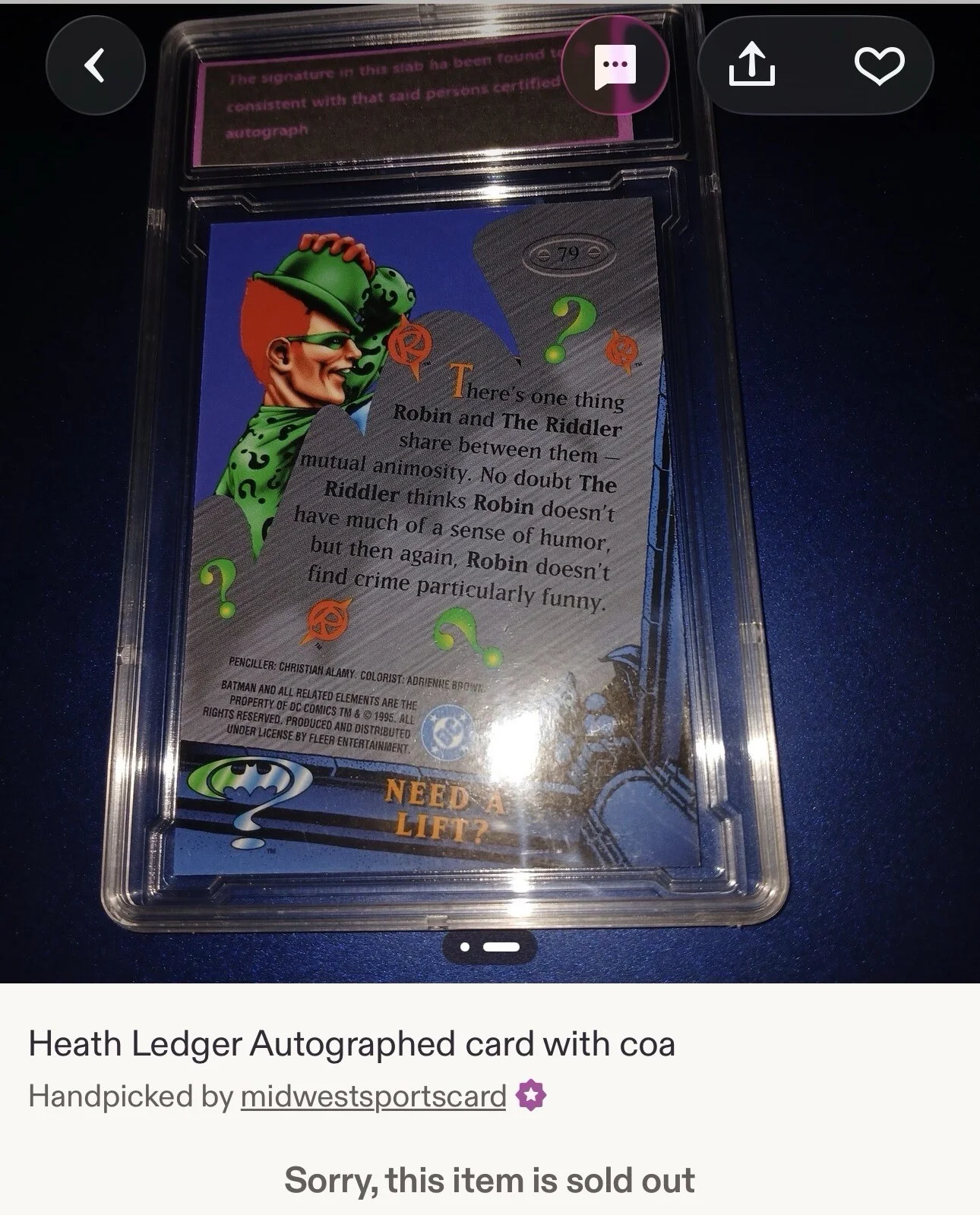 HEATH LEDGER SignedBatman Card FLEER ENTERTAINMENT NEED A LIFT?ROBINRIDDLER-COOL, image 3