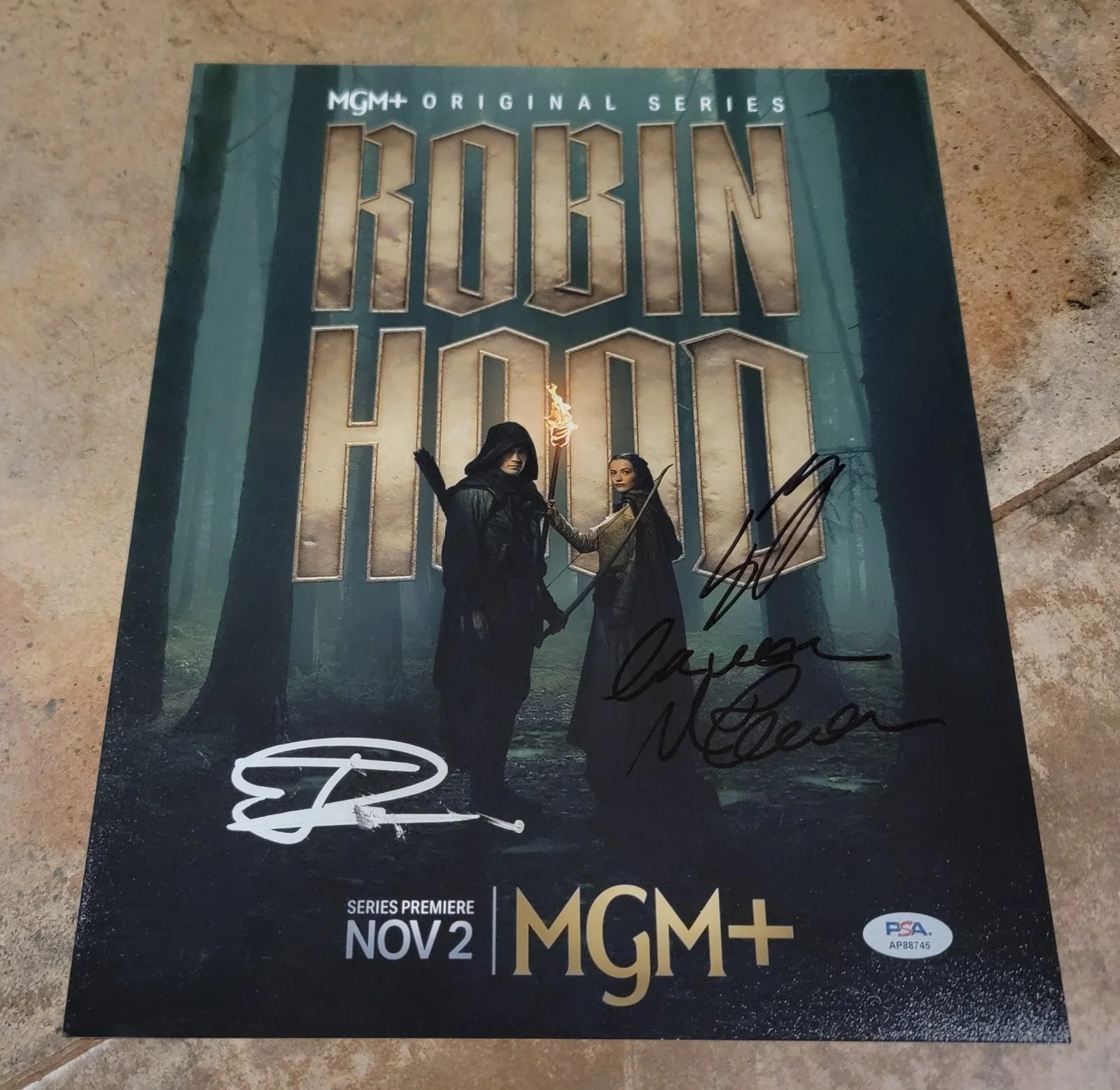 Sean Bean, Lauren McQueen, Jack Patten — Robin Hood cast 3 signed 11x14 Photo PSA Jack Patten Sean Bean Lauren Mcqueen