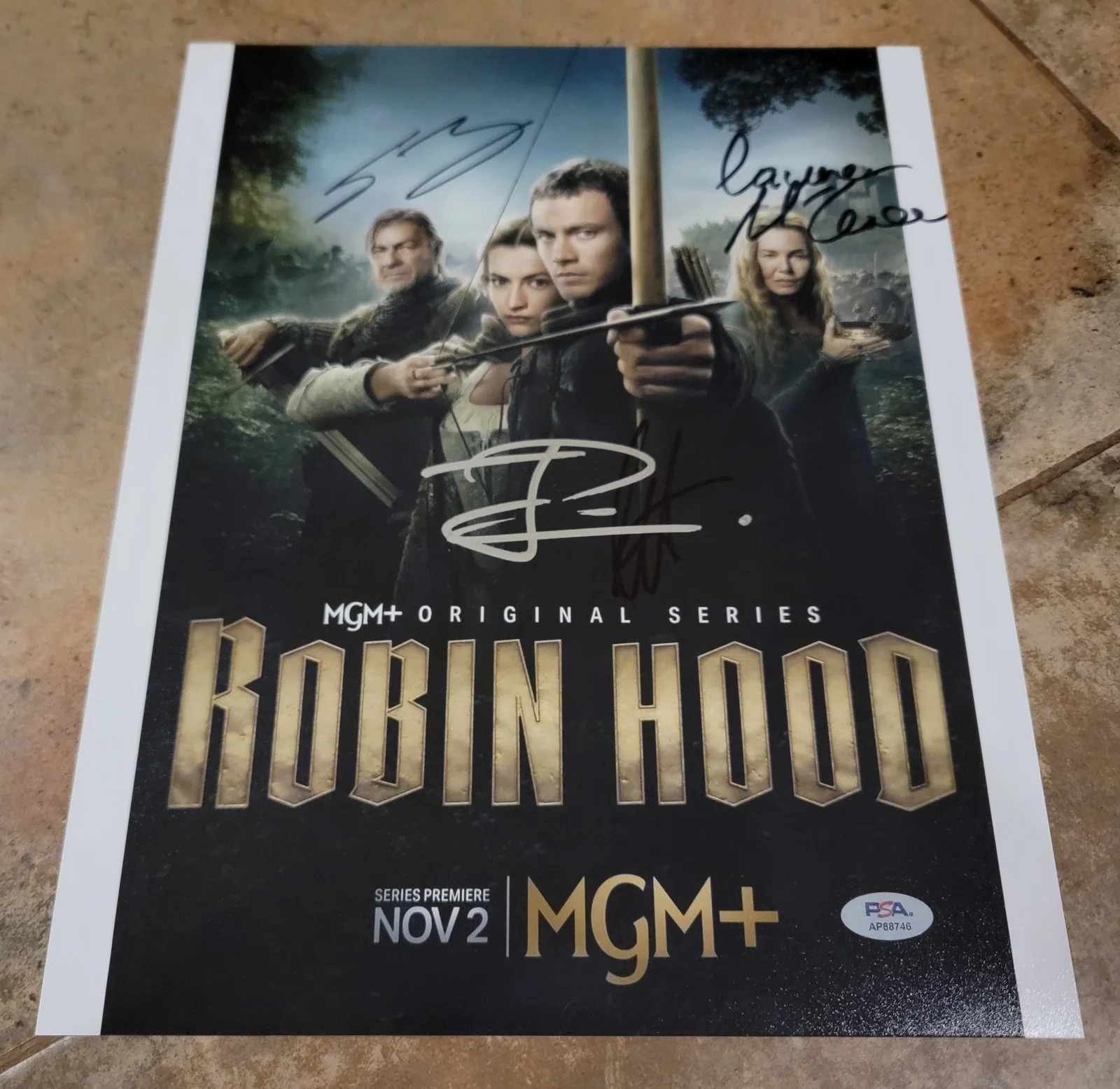 Sean Bean, Lauren McQueen, Connie Nielsen, Jack Patten — Robin Hood cast 4 signed 11x14 Photo PSA Jack Patten Sean Bean Lauren Mcqueen