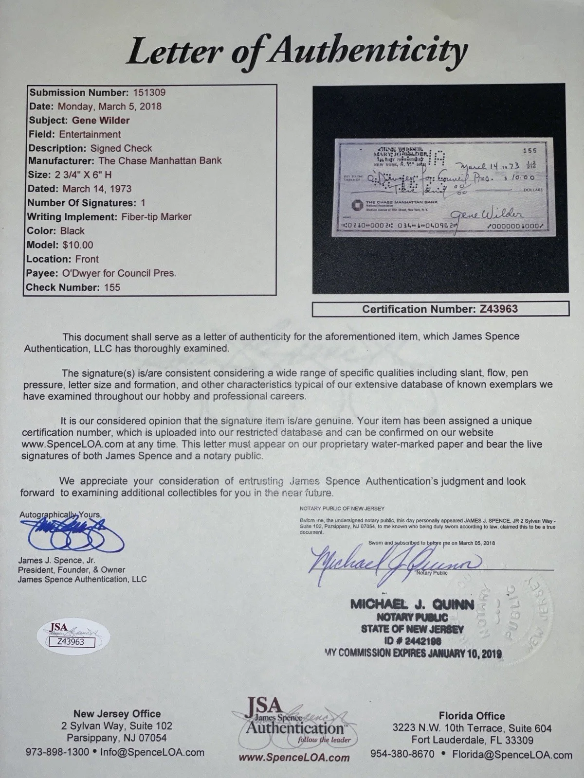Gene Wilder Signed Check JSA COA Legendary Actor Willy Wonka, image 3