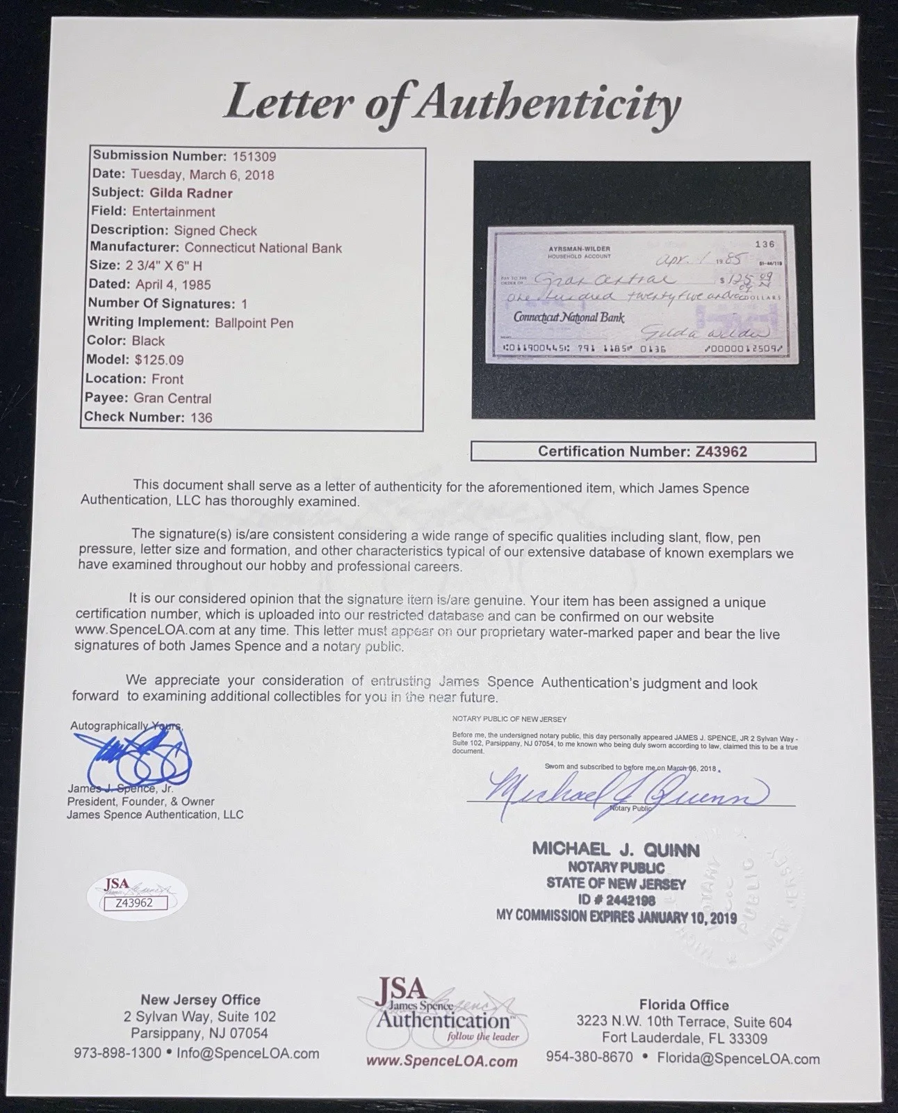 Gilda Radner Signed Check JSA LOA Saturday Night Live Gene Wilder, изображение 3