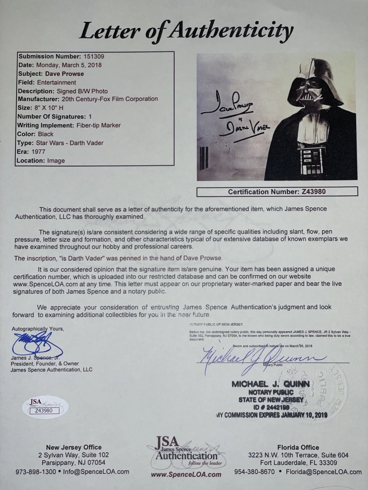 David Prowse Signed Darth Vader Promo 8X10 Photo JSA COA Star Wars 1977 Dave, изображение 4