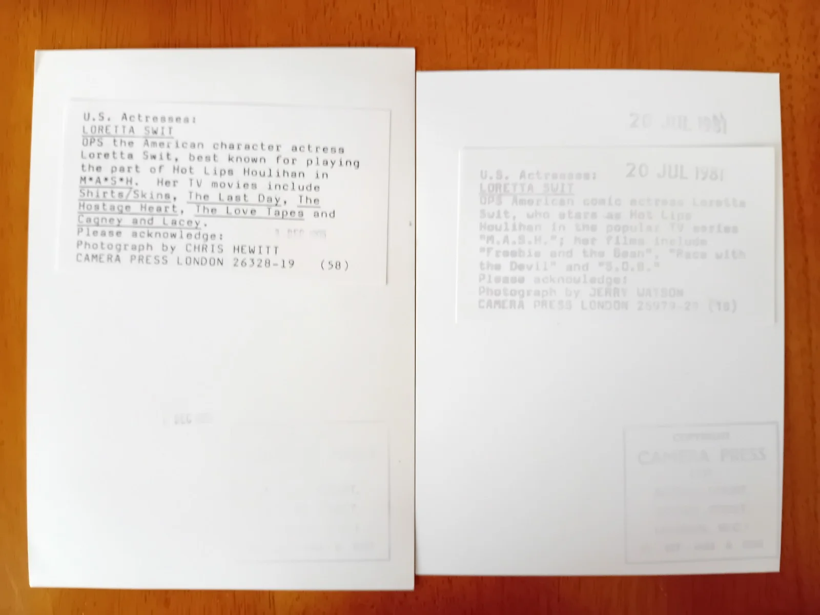 LOT OF 2 ORIGINAL 1980s PRESS PHOTOS LORETTA SWIT, image 2