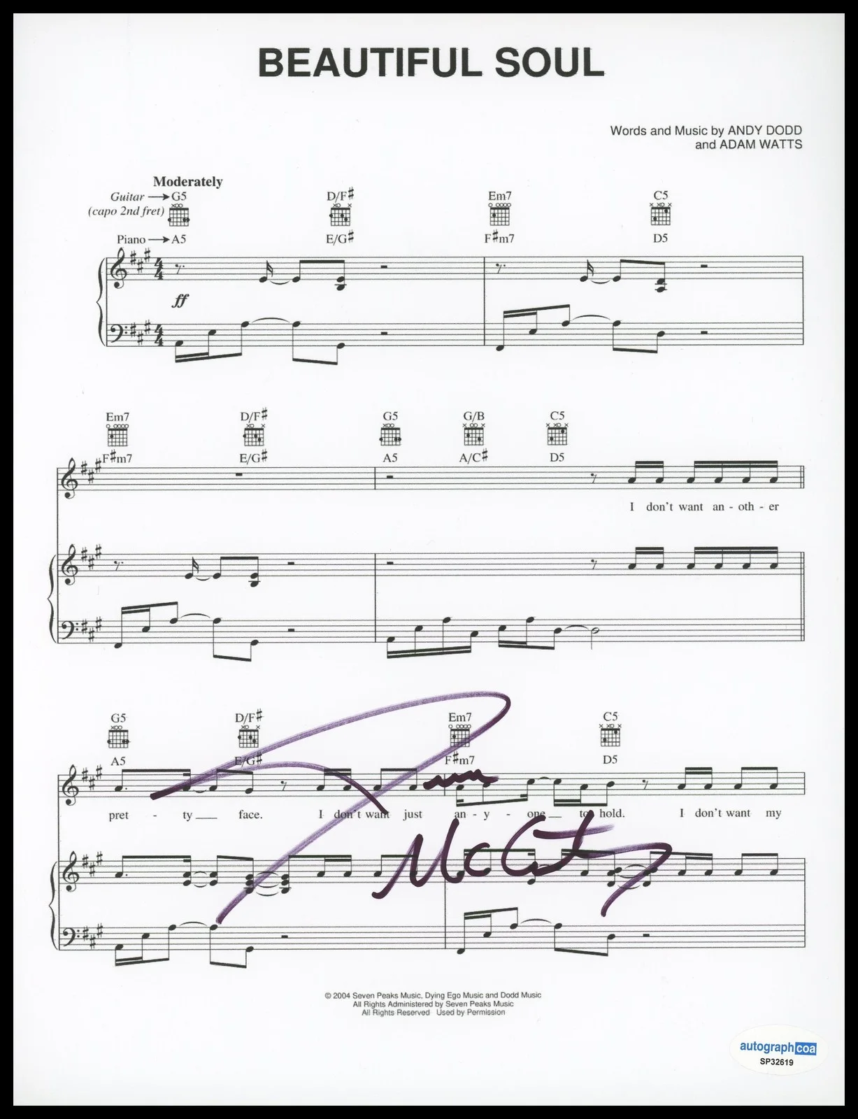 Jesse McCartney — Jesse McCartney "Beautiful Soul" Singer AUTOGRAPH Signed 8.5x11 Sheet Music ACOA