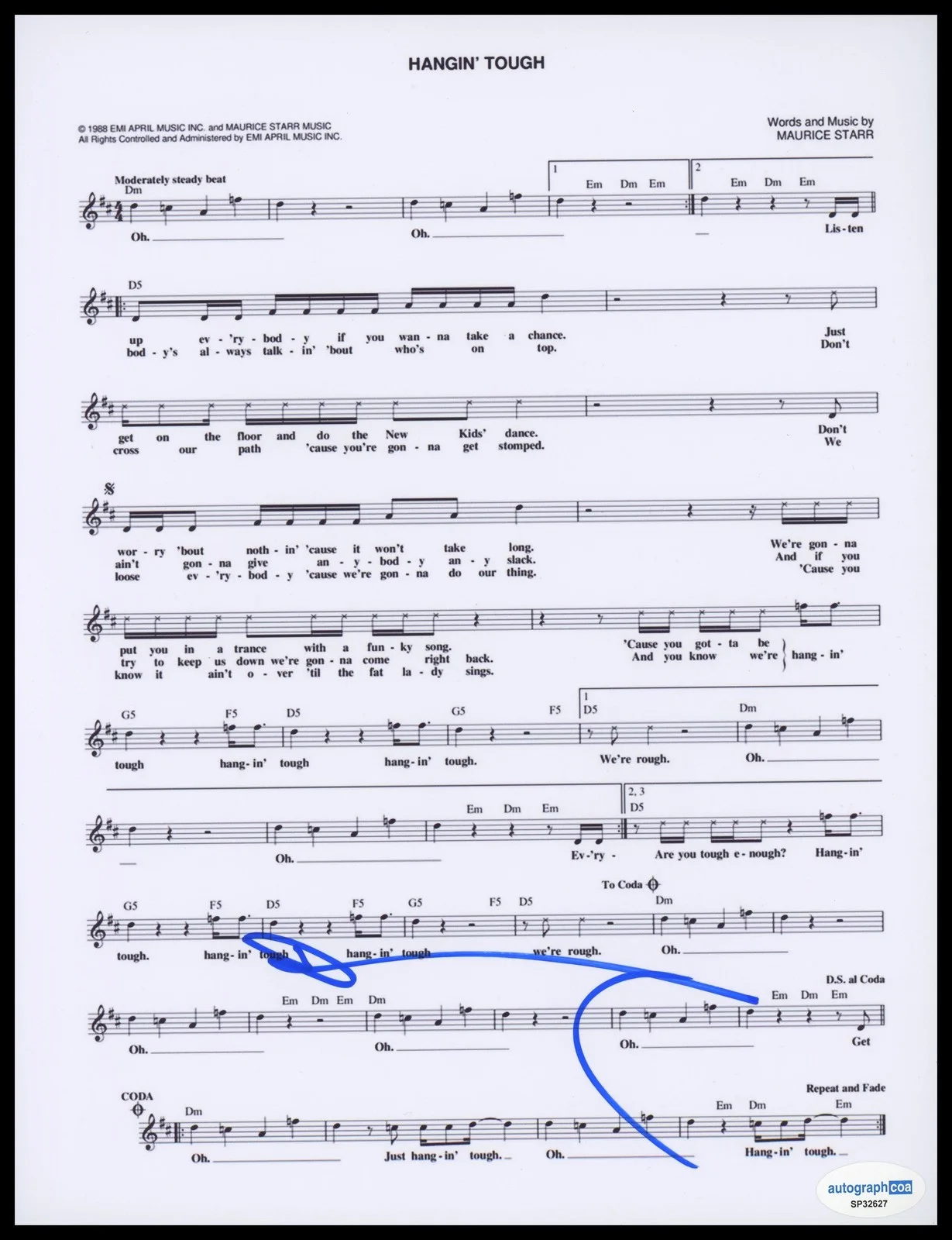 Donnie Wahlberg — Donnie Wahlberg "New Kids on the Block" SIGNED 'Hangin' Tough' Sheet Music ACOA