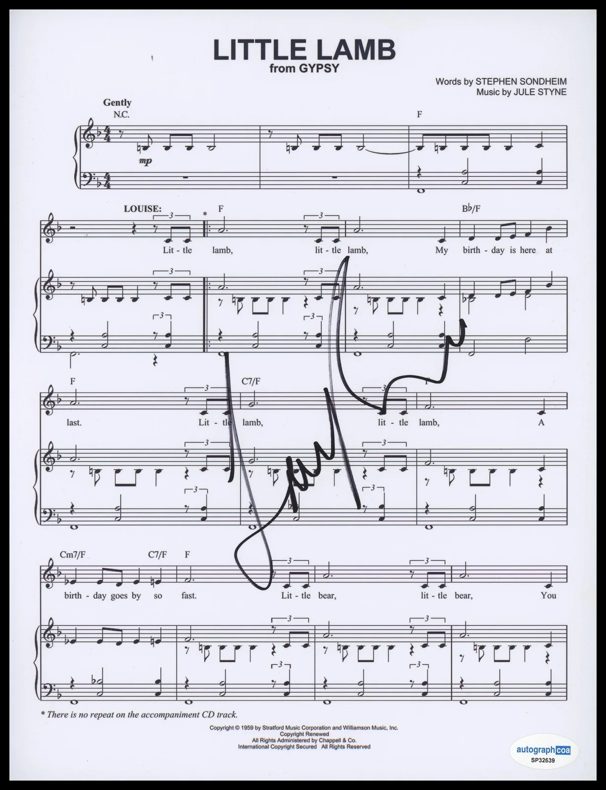 Laura Benanti — Laura Benanti "Gypsy" AUTOGRAPH Signed 'Little Lamb' 8.5x11 Sheet Music ACOA