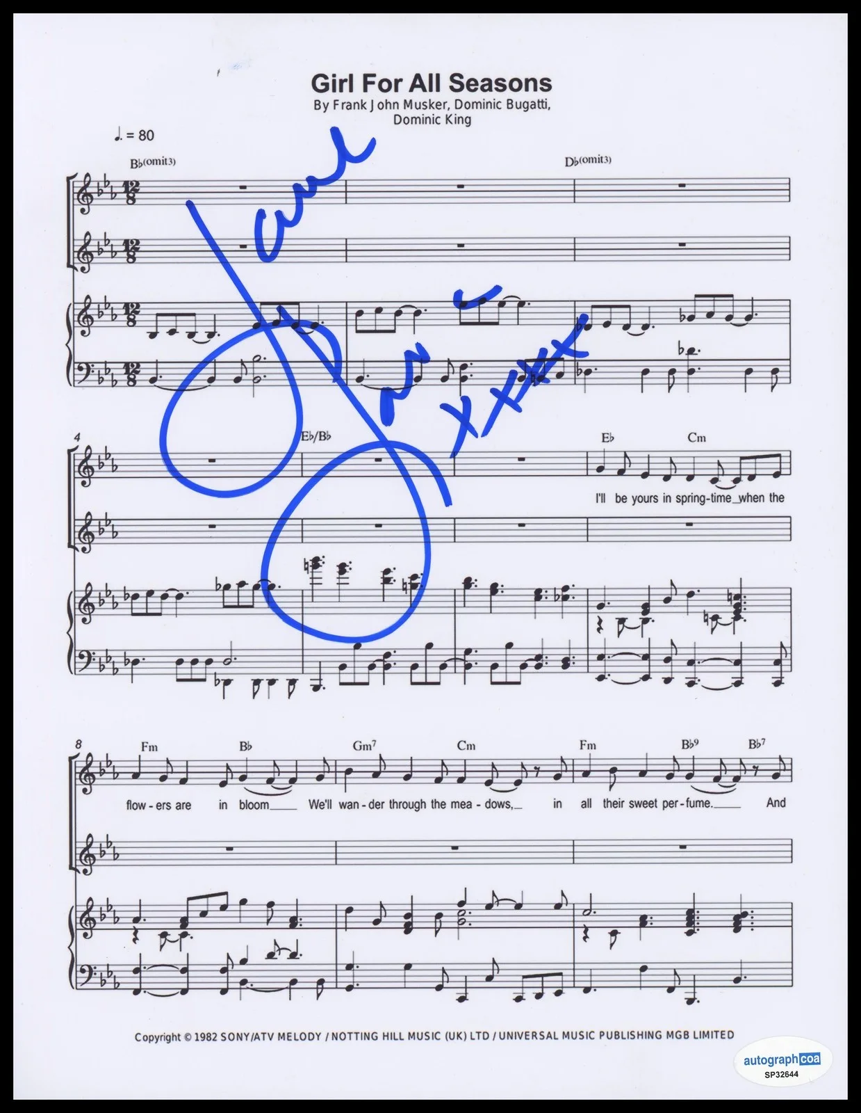 Lorna Luft — Lorna Luft "Grease 2" AUTOGRAPH Signed 'Girl for All Seasons' Sheet Music ACOA
