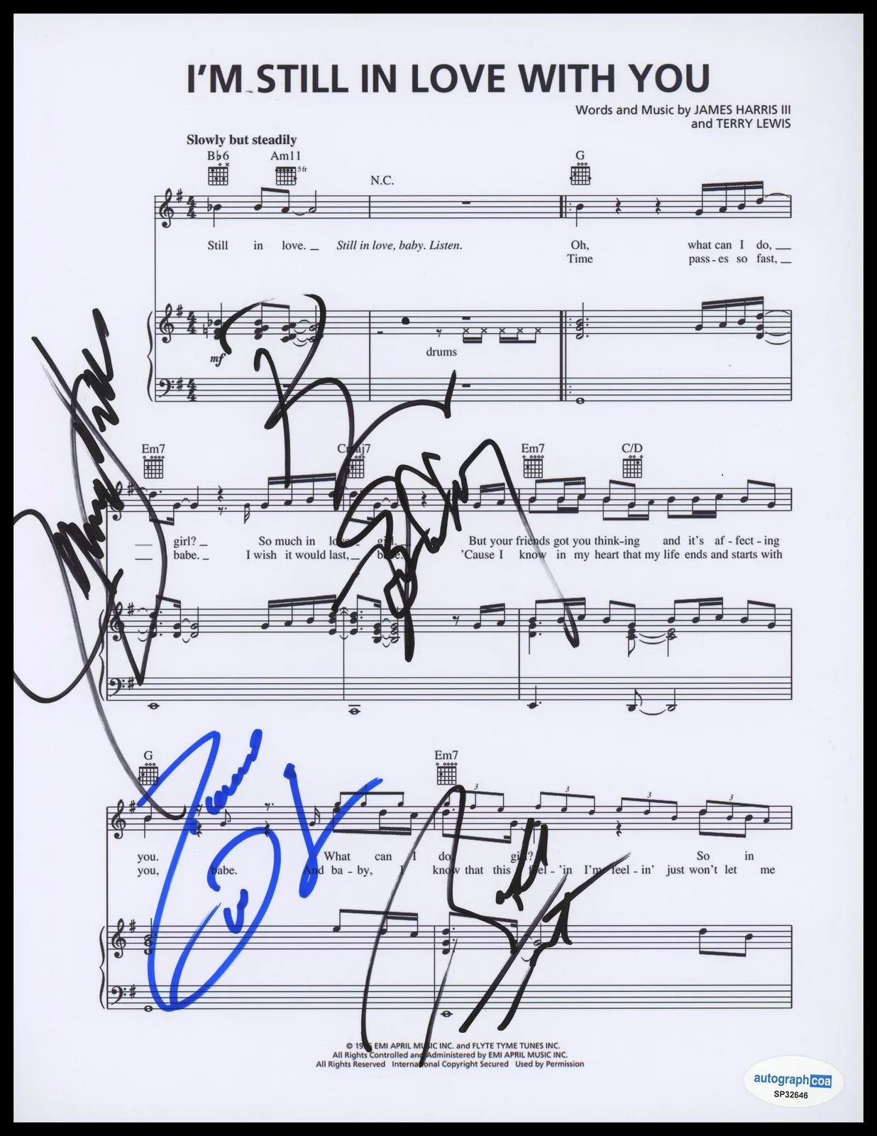 Bobby Brown +more — New Edition "I'm Still in Love with You" AUTOGRAPH Signed Sheet Music X5 ACOA