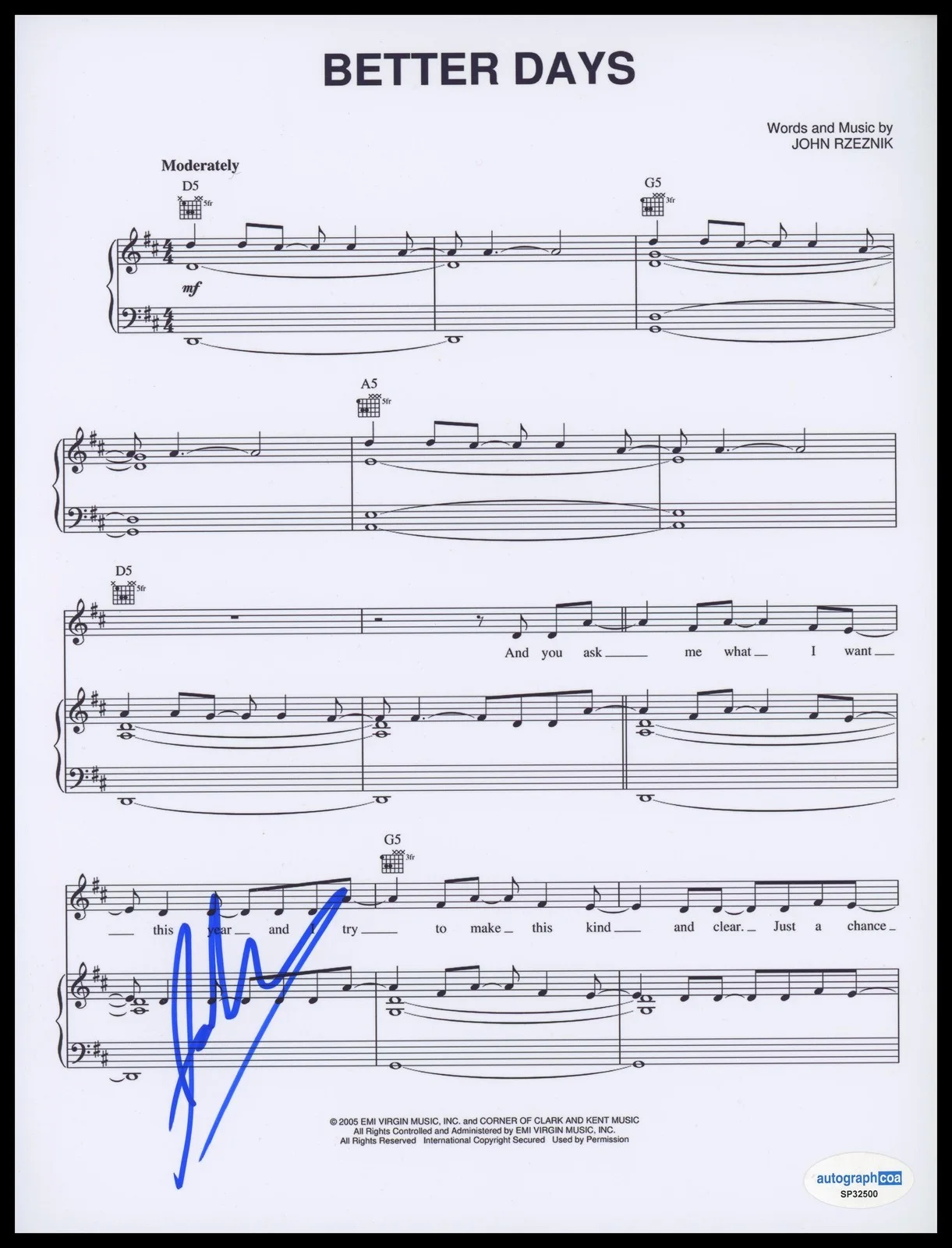 Johnny Rzeznik — John Rzeznik "Goo Goo Dolls" AUTOGRAPH Signed 'Better Days' Sheet Music ACOA