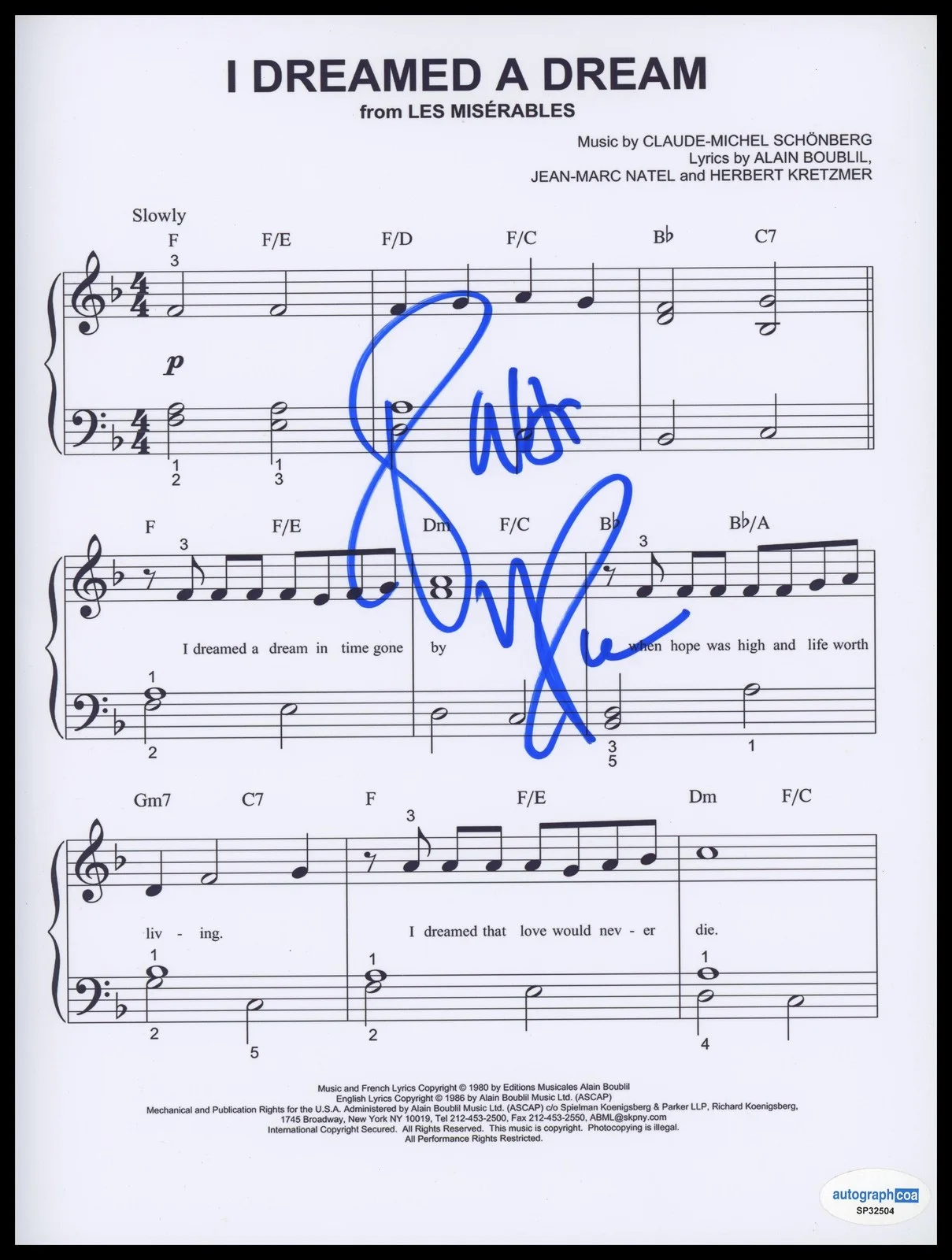 Patti LuPone — Patti LuPone "Les Miserables" AUTOGRAPH Signed 'I Dreamed a Dream' Sheet Music
