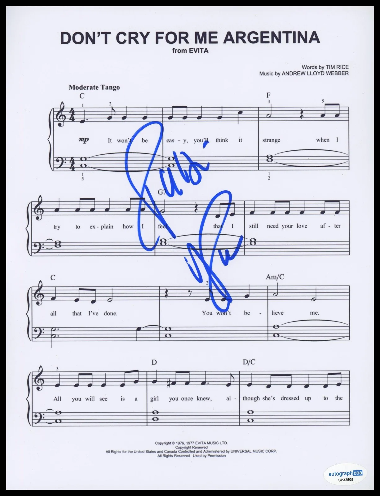 Patti LuPone — Patti LuPone "Evita" AUTOGRAPH Signed 'Don't Cry for Me Argentina' Sheet Music