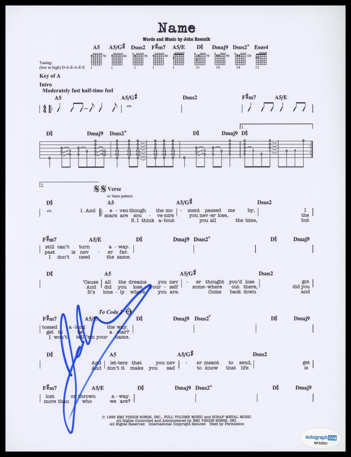 Johnny Rzeznik — John Rzeznik "Goo Goo Dolls" AUTOGRAPH Signed Johnny 'Name' Sheet Music B ACOA
