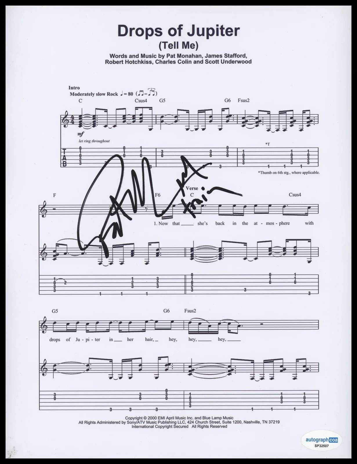 Pat Monahan — Pat Monahan "Train" AUTOGRAPH Signed Drops of Jupiter 8.5x11 Sheet Music B ACOA