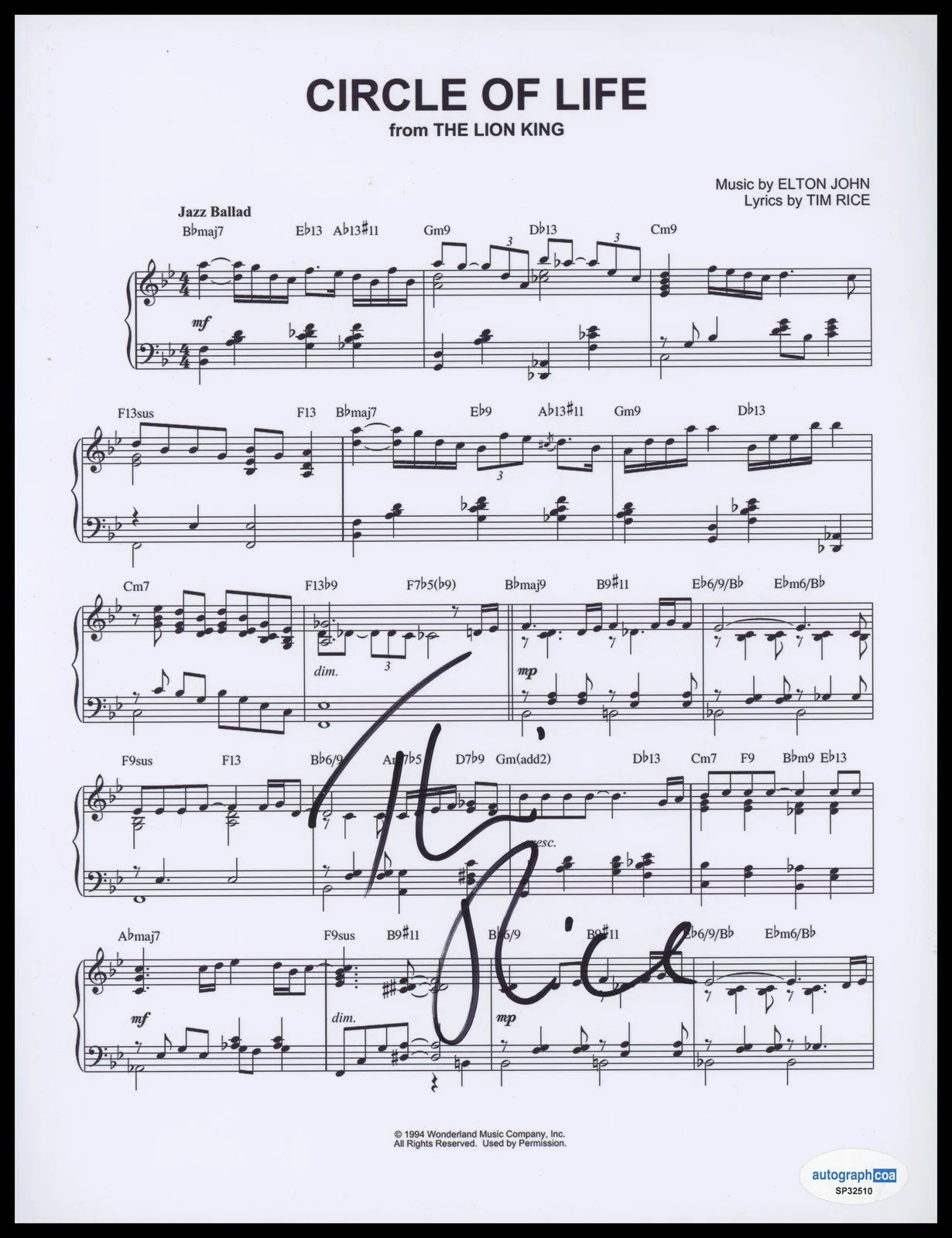 Tim Rice — Tim Rice "The Lion King" AUTOGRAPH Signed 'Circle of Life' Sheet Music ACOA