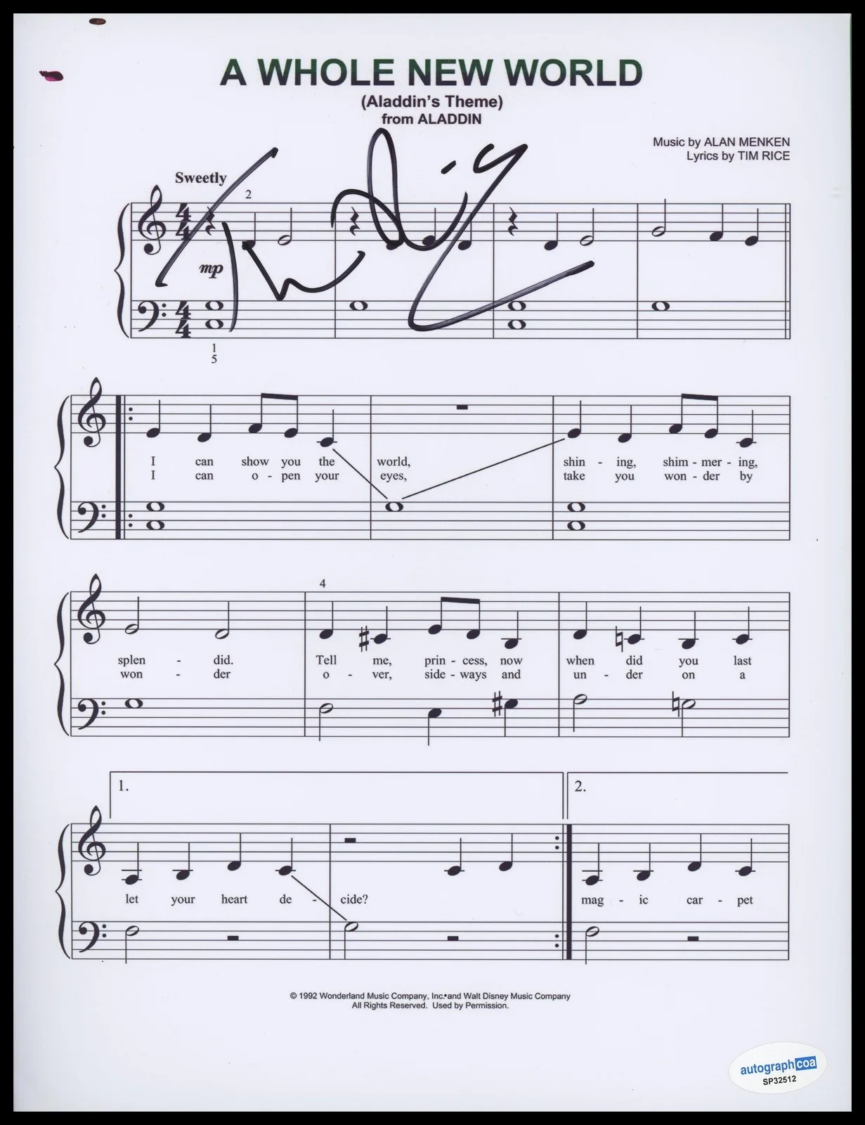 Tim Rice — Tim Rice "Aladdin" Songwriter SIGNED 'A Whole New World' 8.5x11 Sheet Music ACOA