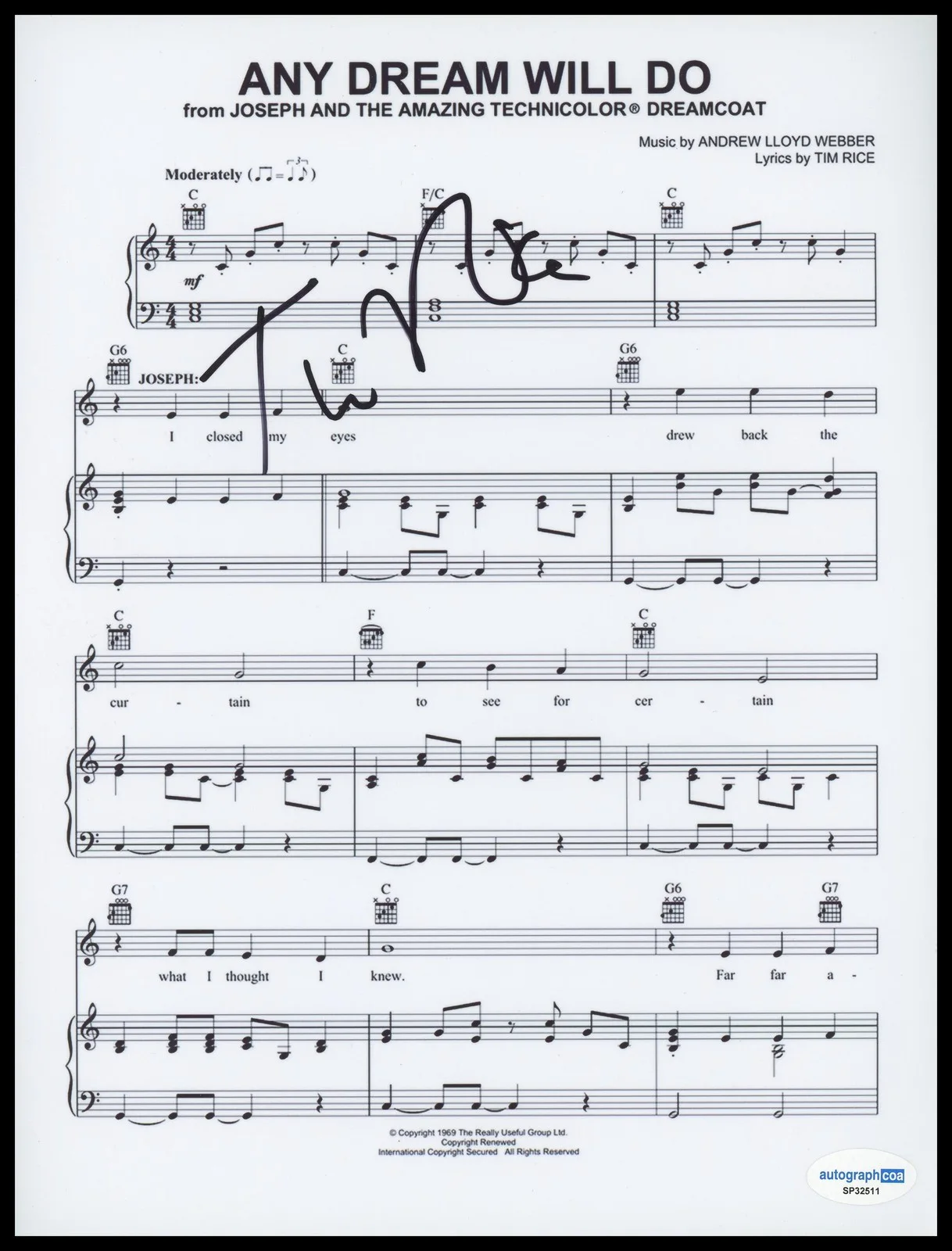 Tim Rice — Tim Rice "Joseph and the Amazing Technicolor Dreamcoat" SIGNED Sheet Music ACOA