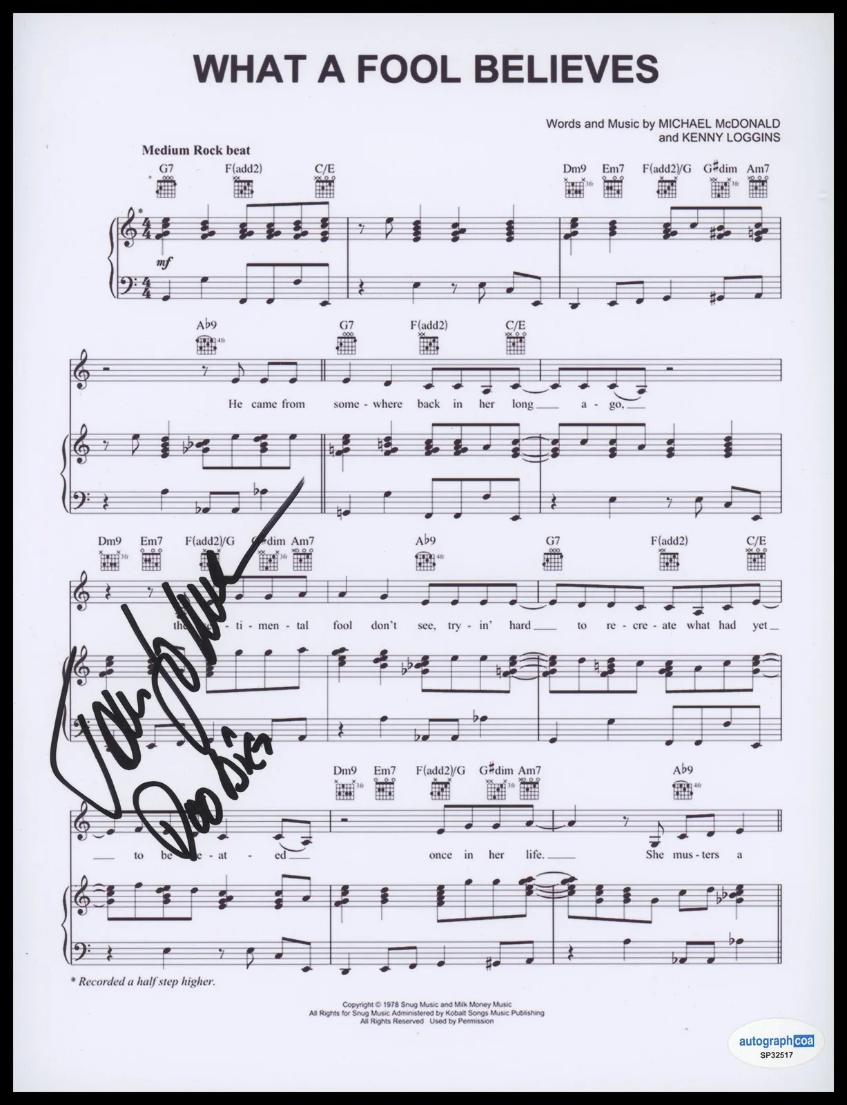 Tom Johnston — Tom Johnston "The Doobie Brothers" SIGNED 'What a Fool Believes' Sheet Music