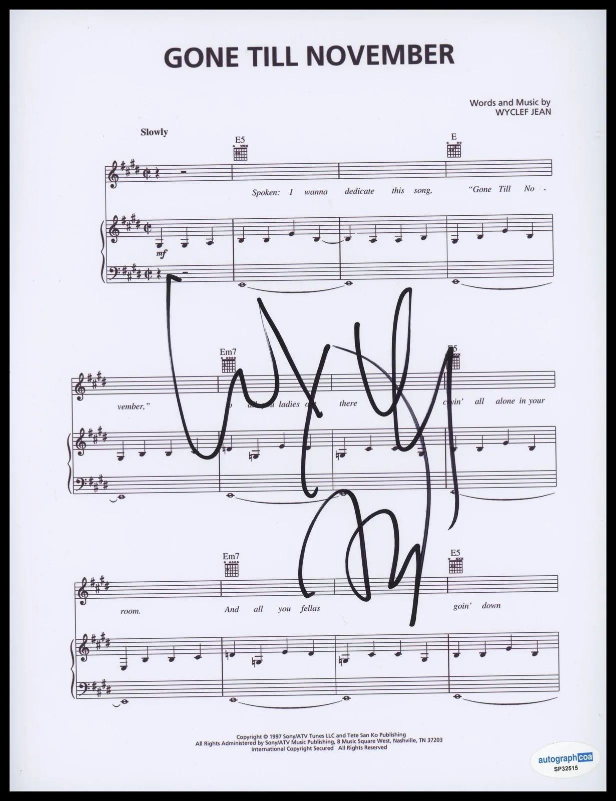 Wyclef Jean — Wyclef Jean "Gone Till November" AUTOGRAPH Signed 8.5x11 Sheet Music ACOA
