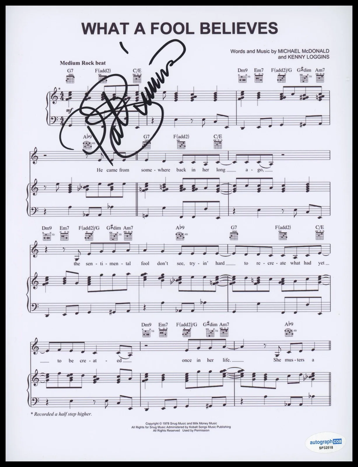 Patrick Simmons — Patrick Simmons "The Doobie Brothers" SIGNED 'What a Fool Believes' Sheet Music