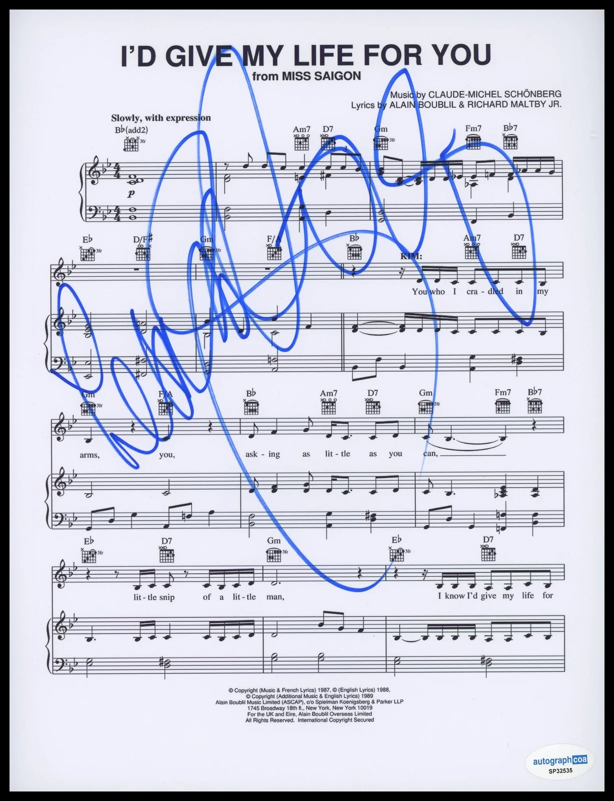 Lea Salonga — Lea Salonga "Miss Saigon" SIGNED 'I'd Give My Life for You' Sheet Music ACOA
