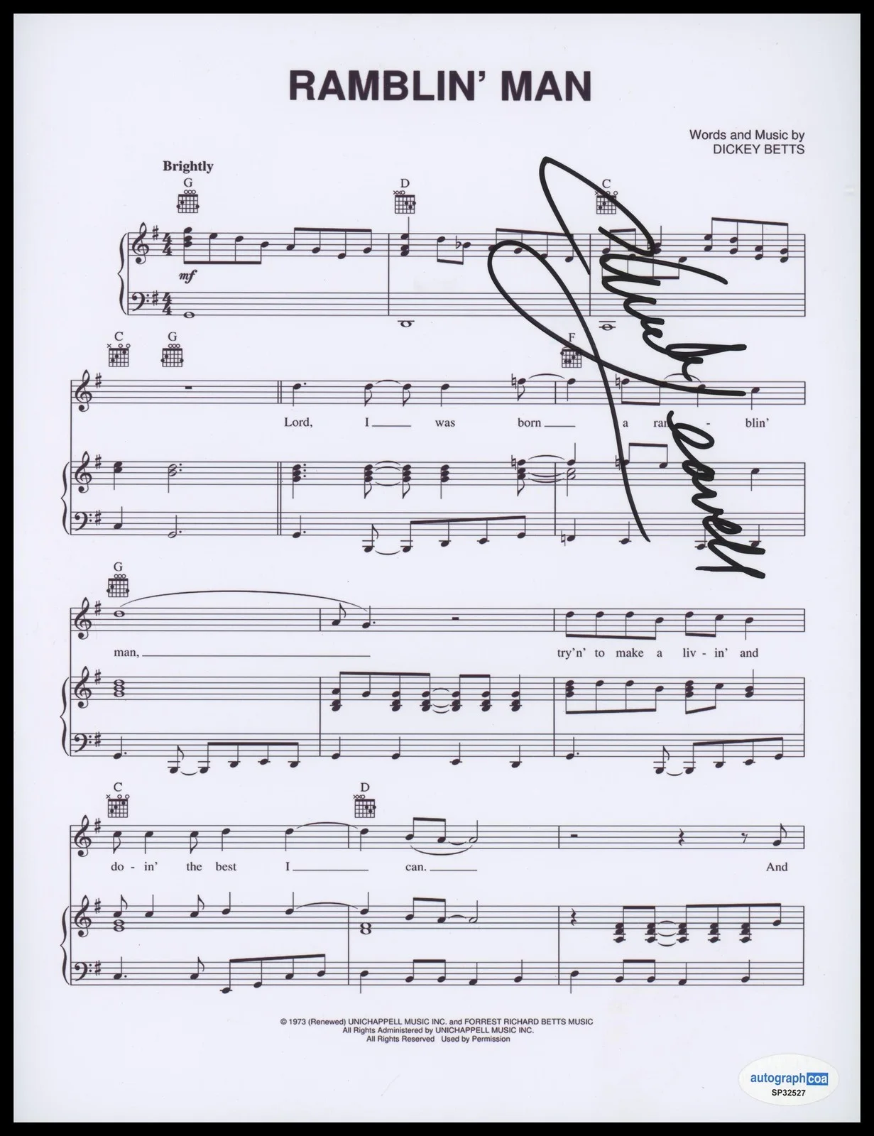 Chuck Leavell — Chuck Leavell "Allman Brothers Band" AUTOGRAPH Signed 'Ramblin' Man' Sheet Music