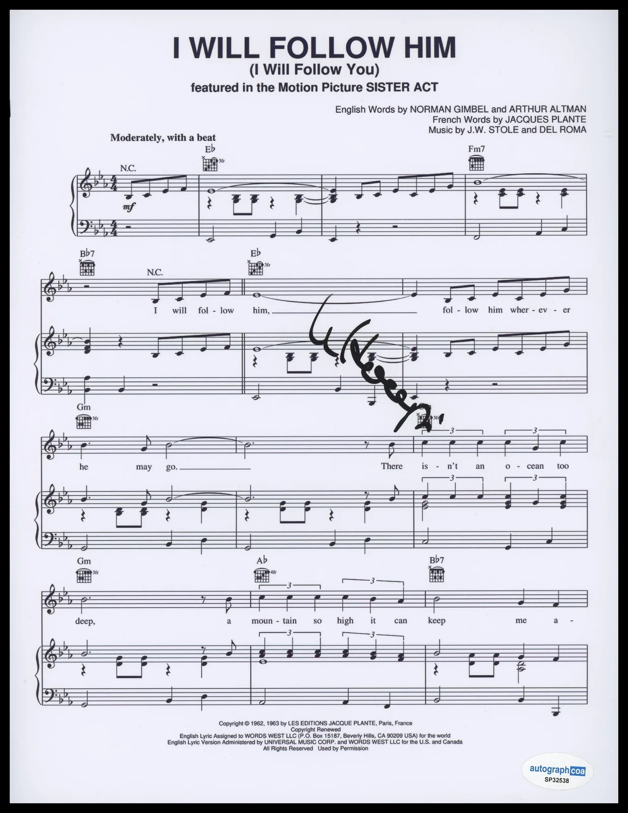 Whoopi Goldberg — Whoopi Goldberg "Sister Act" AUTOGRAPH Signed 'I Will Follow Him' Sheet Music