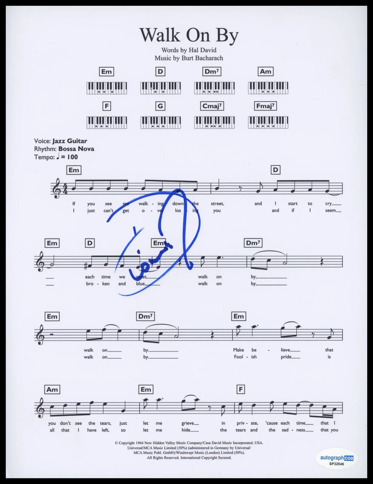Dionne Warwick — Dionne Warwick "Walk On By" Singer AUTOGRAPH Signed 8.5x11 Sheet Music ACOA