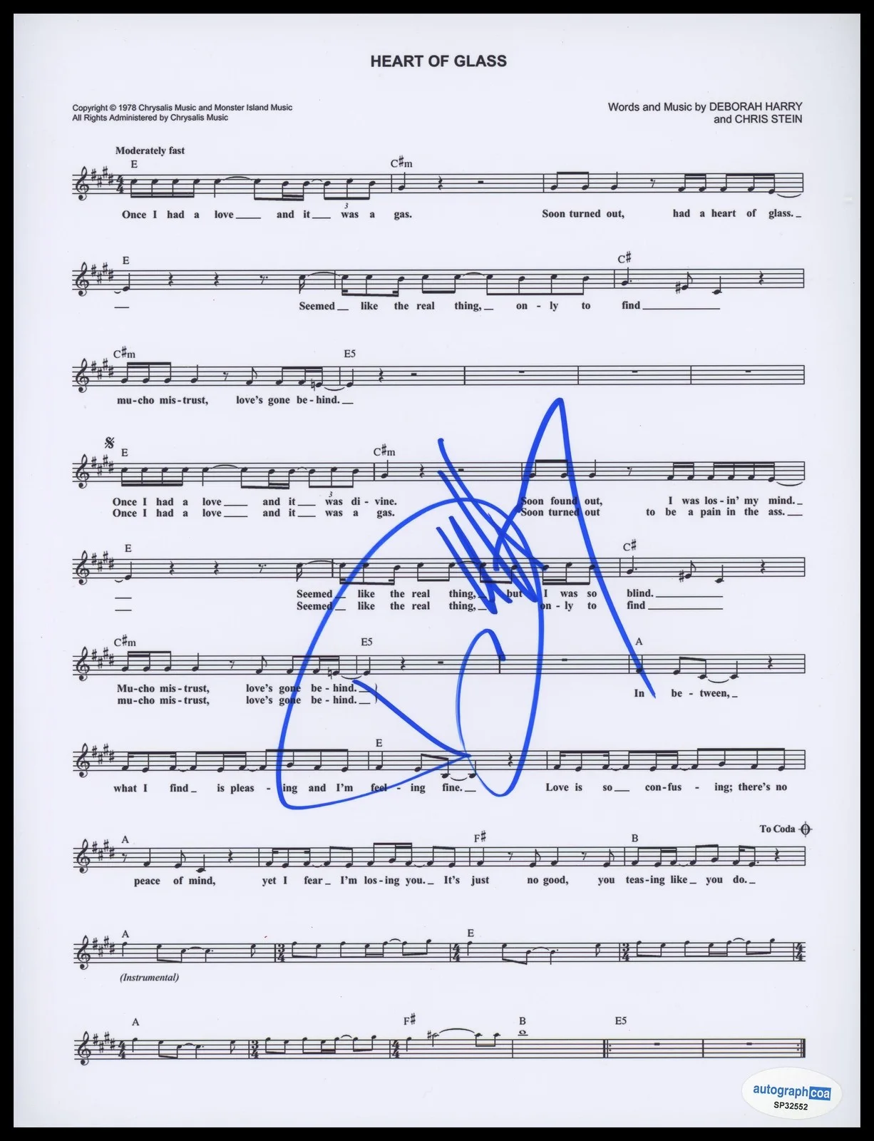 Debbie Harry — Debbie Harry "Blondie" AUTOGRAPH Signed 'Heart of Glass' 8.5x11 Sheet Music ACOA