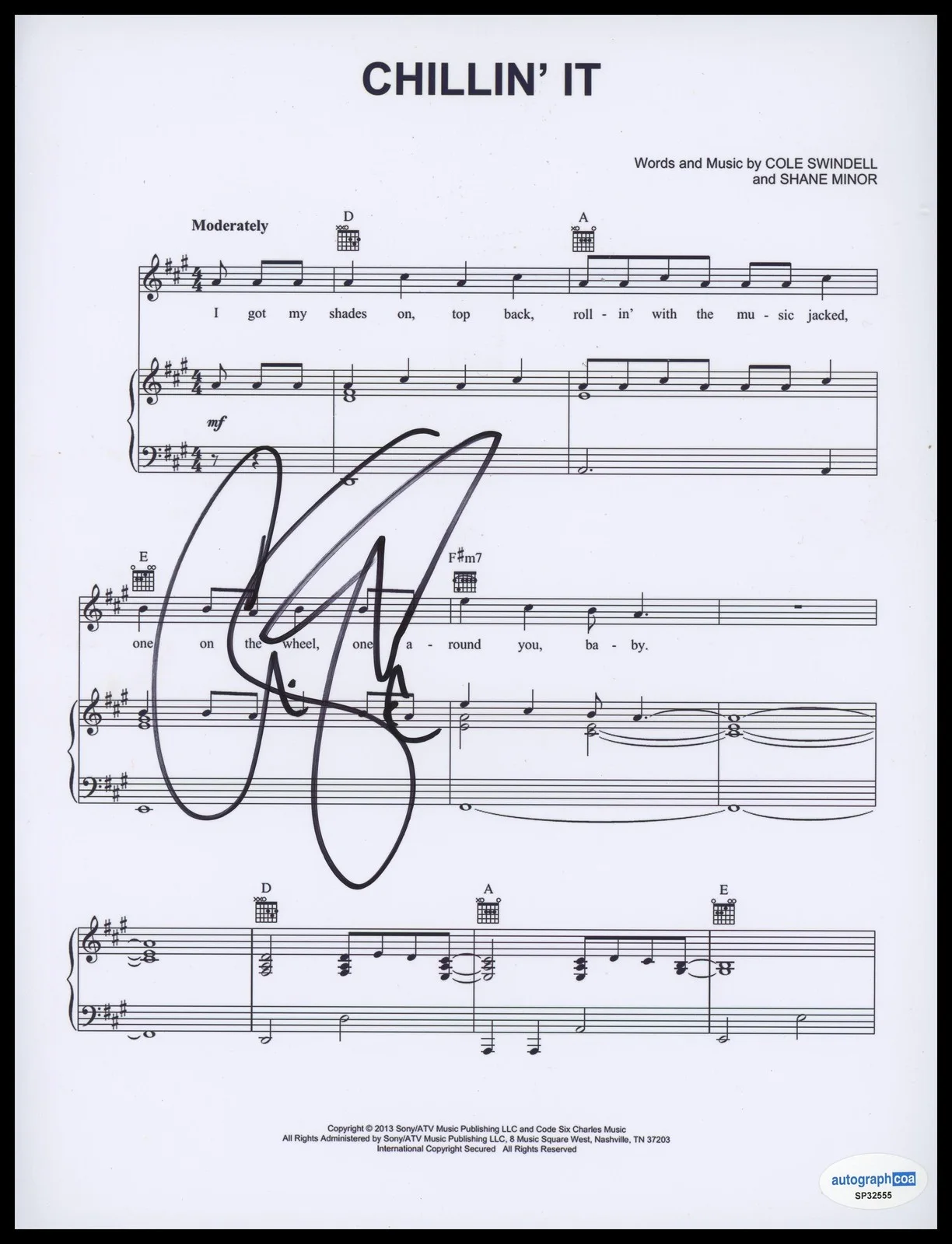 Cole Swindell — Cole Swindell "Chillin' It" Country Singer AUTOGRAPH Signed Sheet Music ACOA