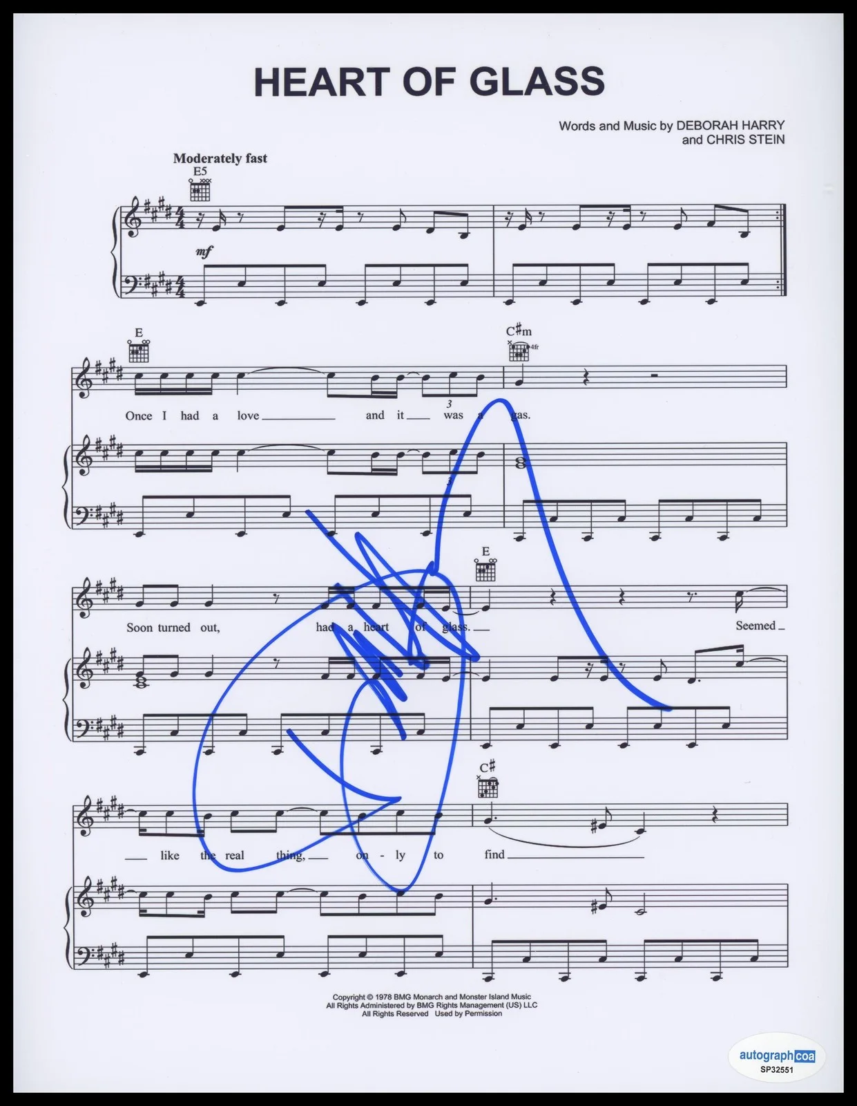 Debbie Harry — Debbie Harry "Blondie" AUTOGRAPH Signed Heart of Glass 8.5x11 Sheet Music B ACOA